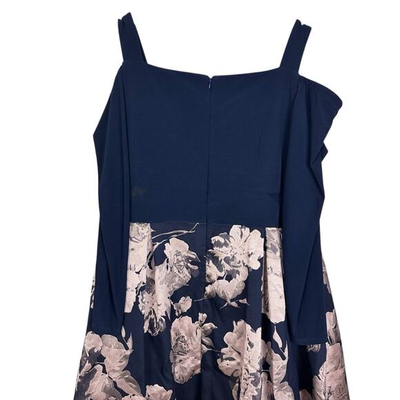 Xscape Navy Blue Brocade Floral High Low Formal Long Sleeve Midi Gown Size 18W - Picture 12 of 14